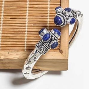 Lapis lazuli Gemstone Vintage Style Sterling Silver Plated Cuff Bangle Bracelet